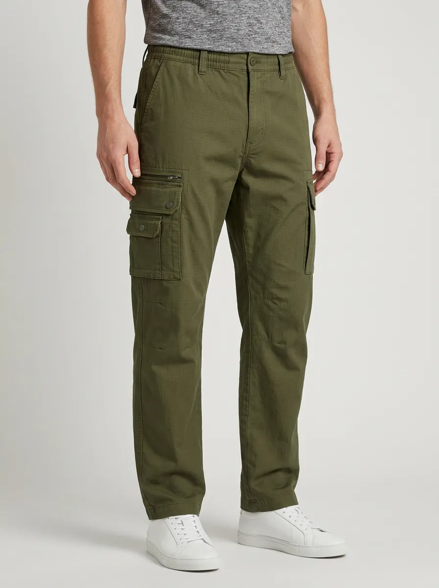 Men's Olive Green Multi-Pocket Tactical Elasticized Waist Cargo Pants
