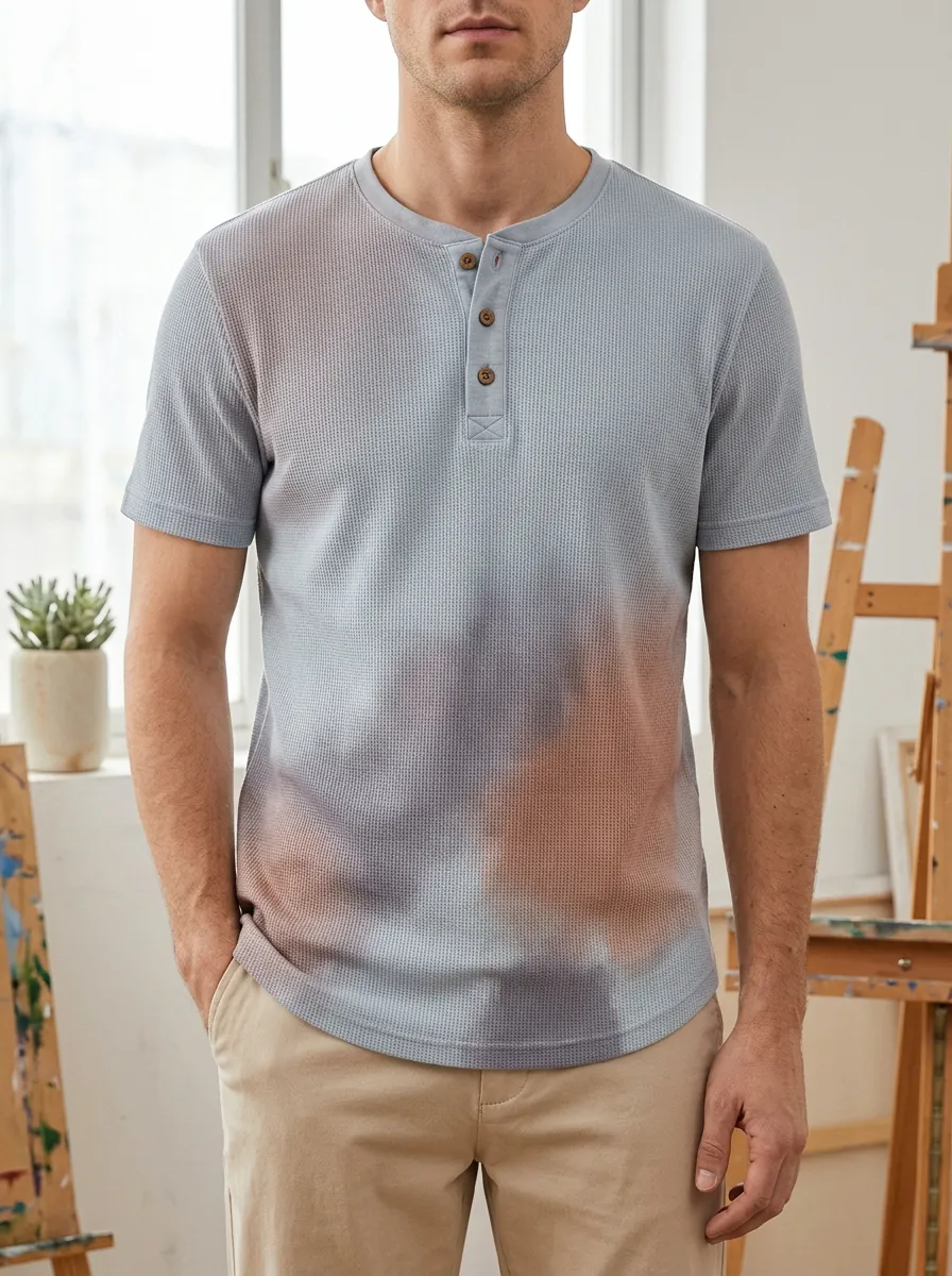 Men's Classic Casual Tie-Dye Waffle Knit Shirt Henley T-Shirt