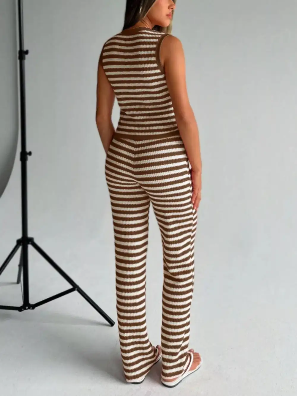 Striped Knit V Neck Button Up Sleeveless Top and Pants