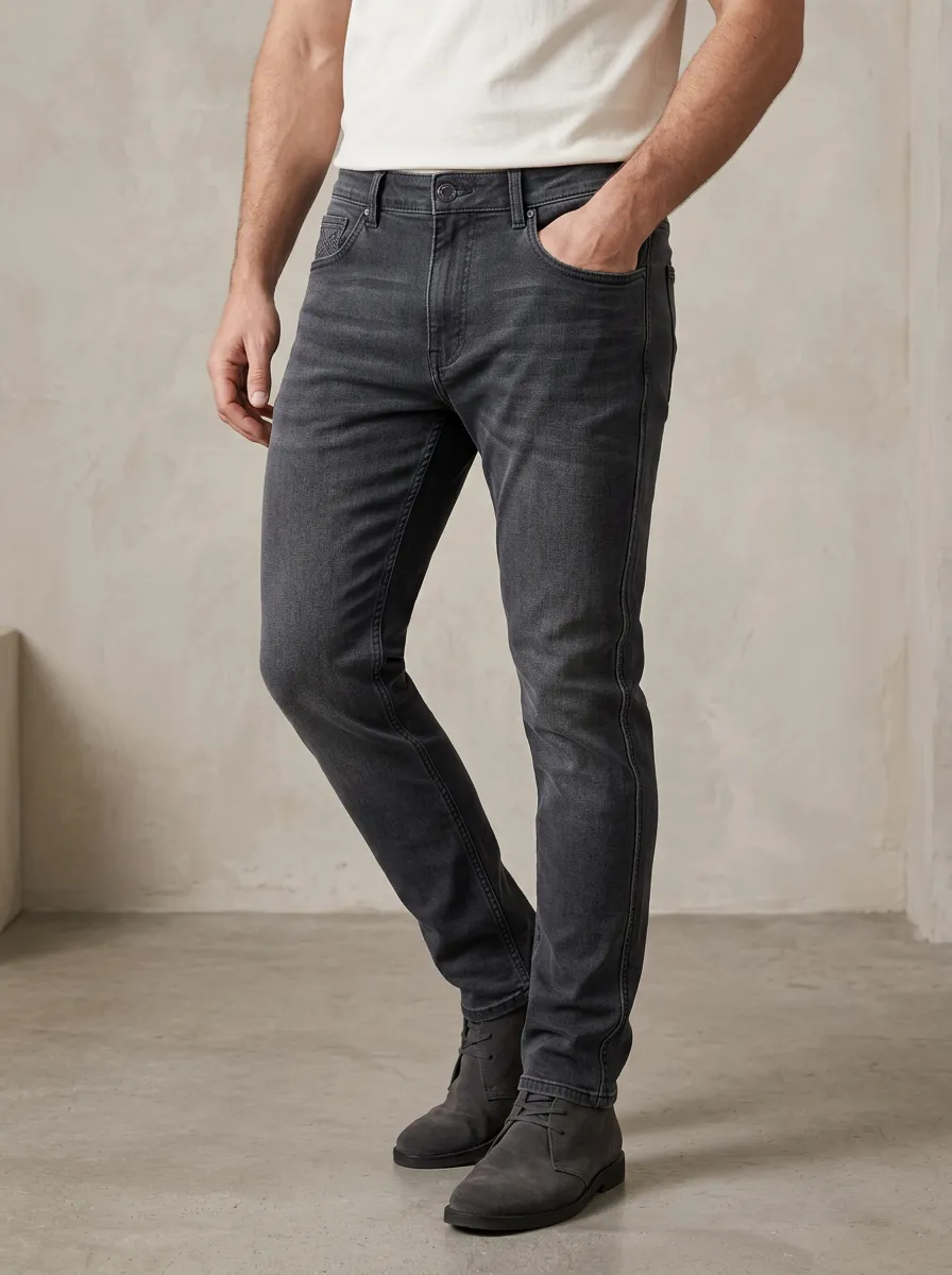 Men's Casual Fashion Charcoal Grey Slim Fit Stretch Jeans