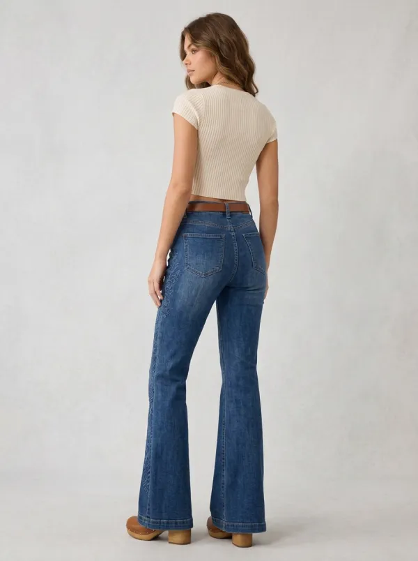 Women's Western Vintage Floral Embroidered High-Waisted Flare Jeans