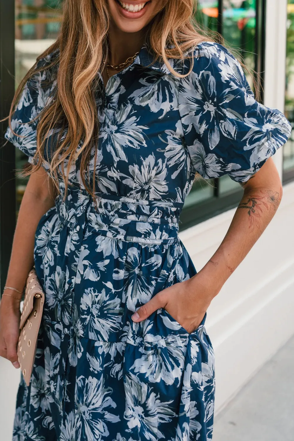 Casual Floral Lapel Midi Dress