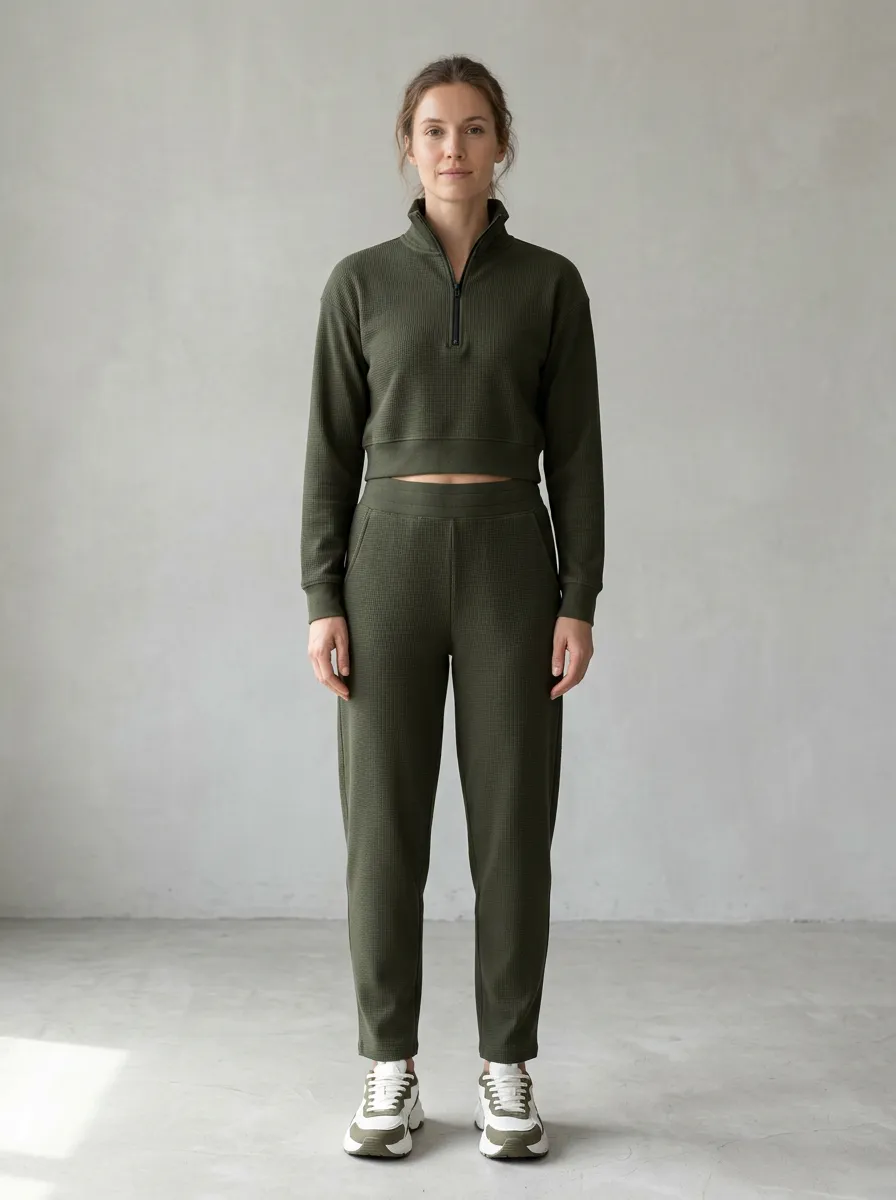 Women's Olive Green Waffle Knit Quarter Zip Crop Top Jogger Set