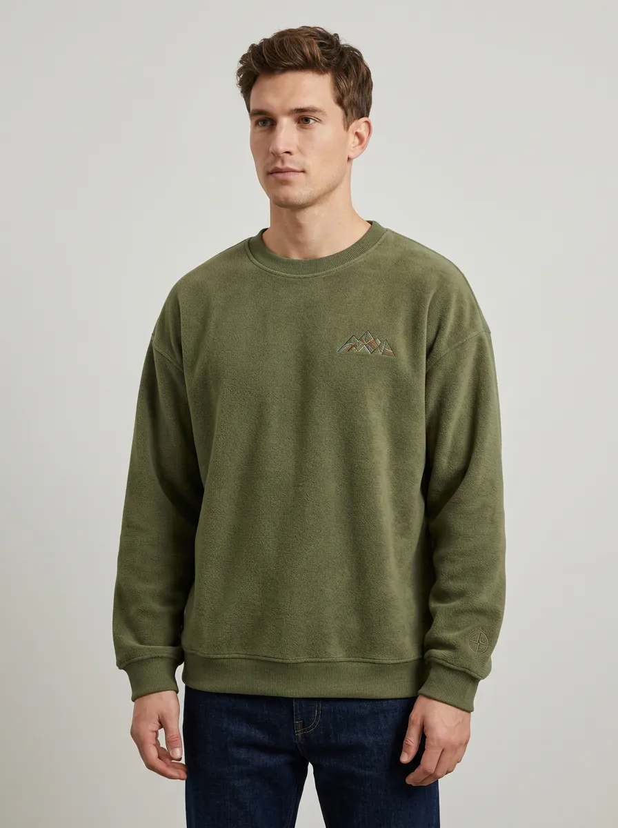 Men's Olive Green Outdoor Mountain Embroidered Fleece Sweatshirt