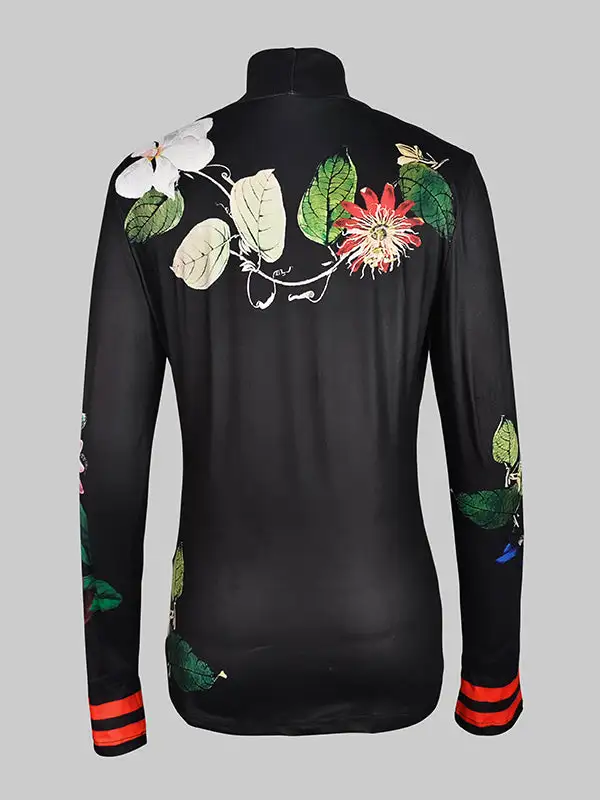 Long Sleeve Slim Fit Floral Print Panel Detail High Neck Everyday T-Shirt
