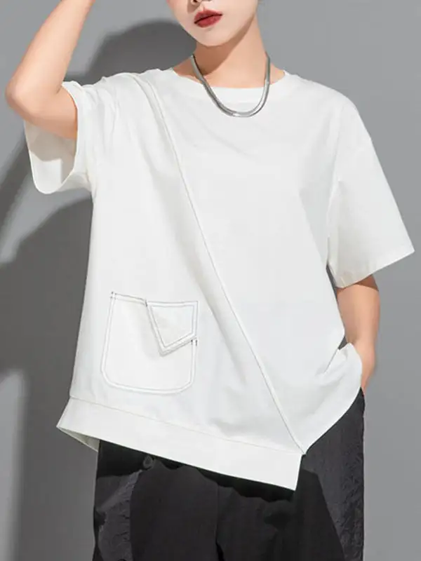 Relaxed Short Sleeve Asymmetric Panel Detail Round Neck T-Shirt