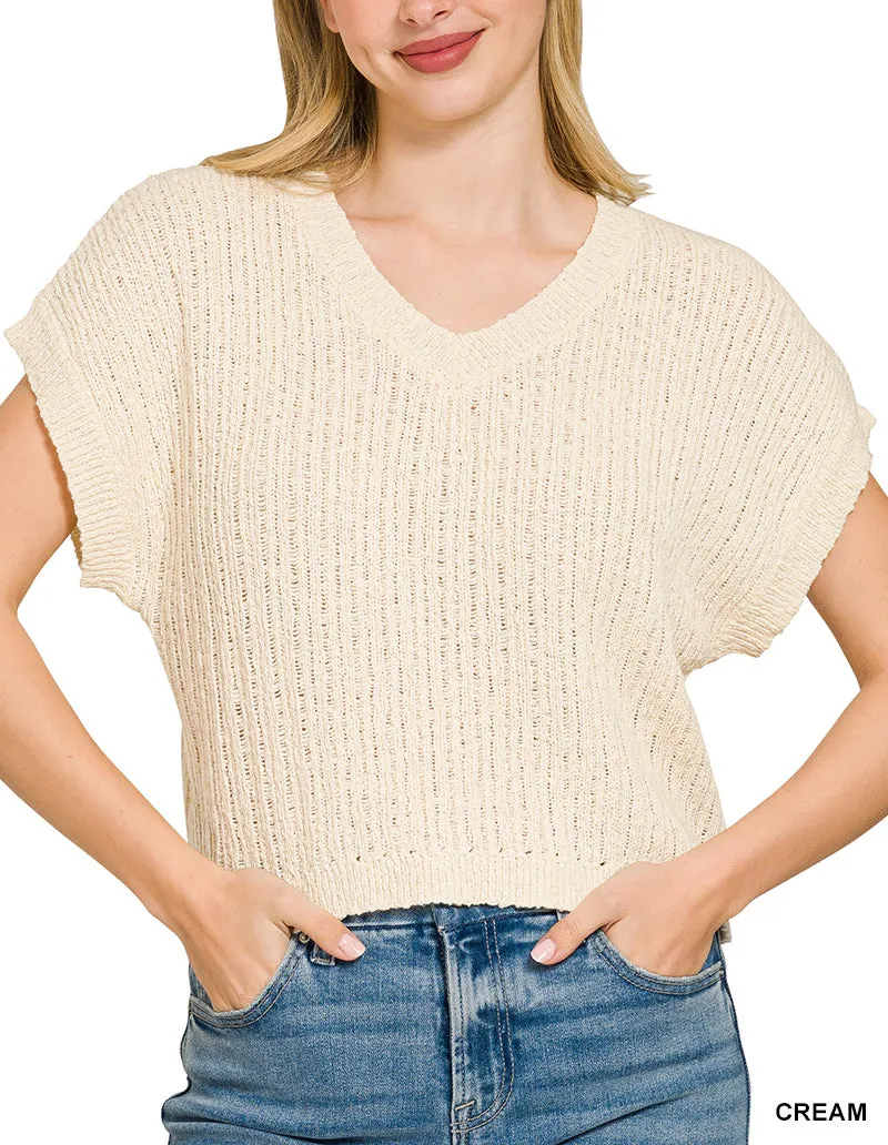Modern Textured Knit V-Neck Cropped Sweater