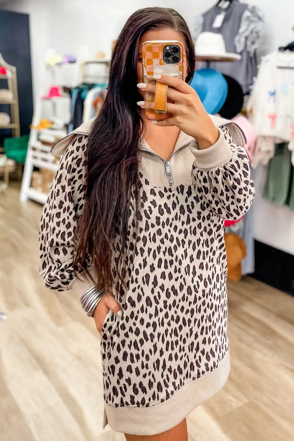 Textured Detail Animal Print Patchwork Zip Front Mini Dress