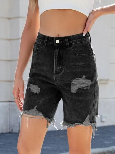 Distressed Raw Hem Shorts Detail Denim Pants