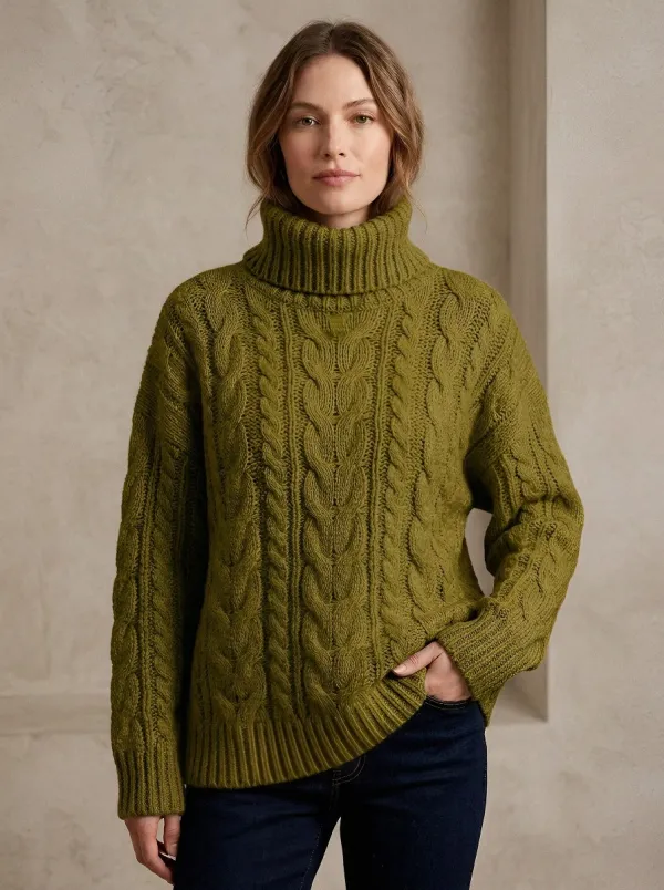 Women's Casual Ribbed Long-Sleeve Cable-Knit Turtleneck Sweater