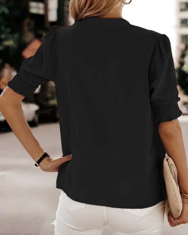  V Neck Smocked Sleeve Blouse