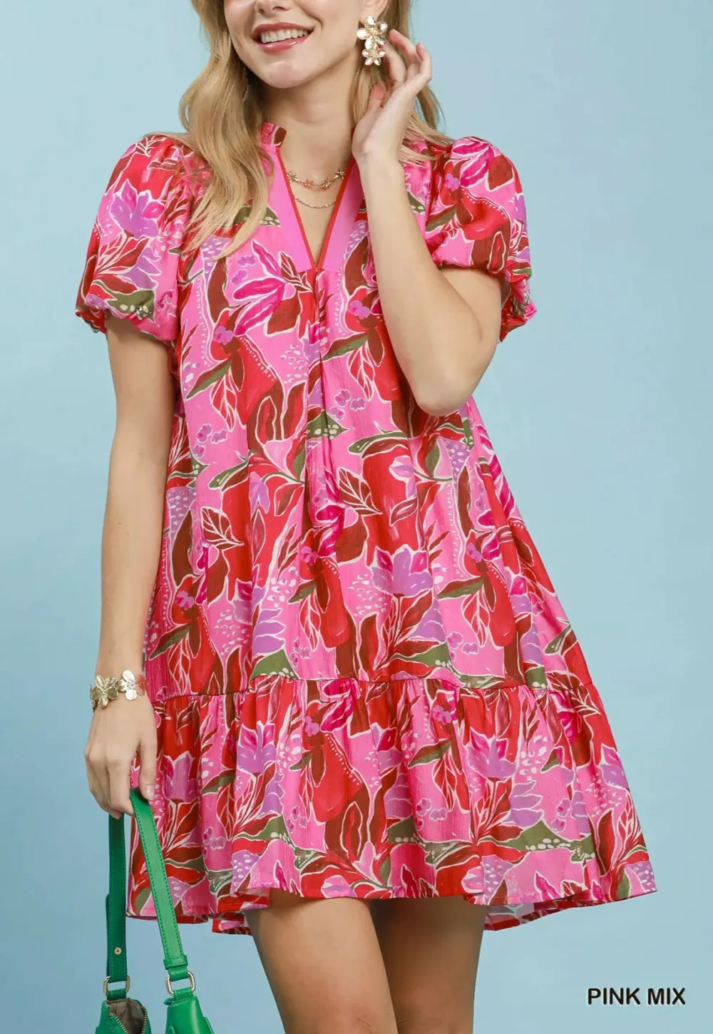Everyday Tropical Print V-Neck Puff Sleeve Tiered Mini Dress