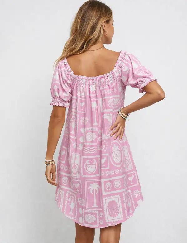 Boho Tropical Off Shoulder Babydoll Mini Dress