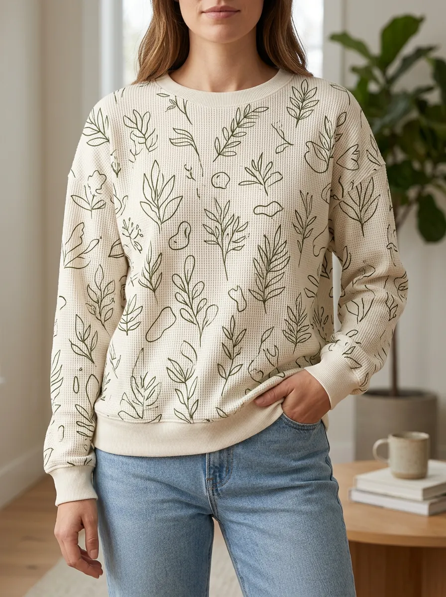 Women's Botanical Nature Lover Green Leaves Printed Waffle Knit Sweatshirt