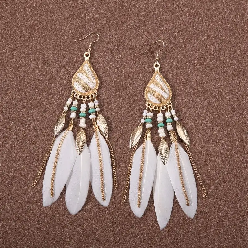 Feather Beaded Tassel Drop Earrings