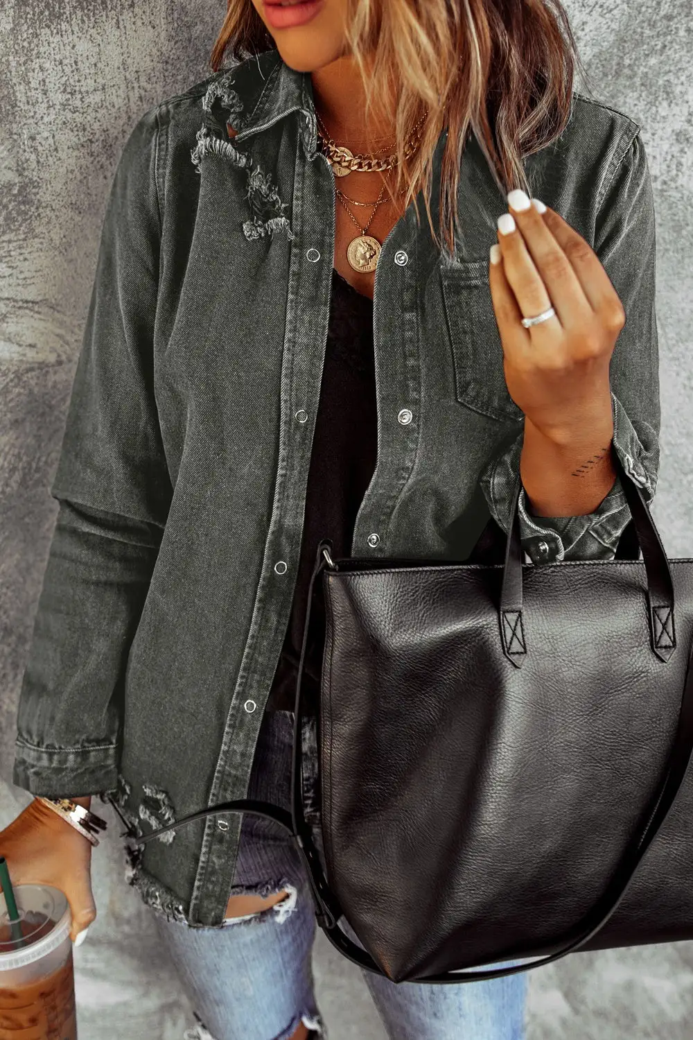 Distressed Raw-hem Snap-front Denim Jacket