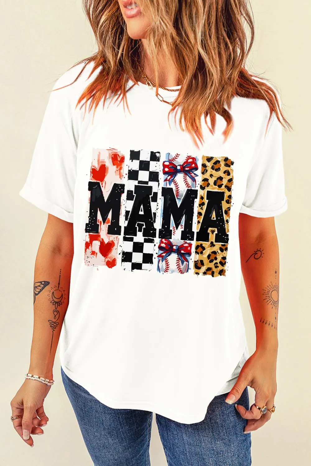 White Mama Baseball Leopard Checkered Tee