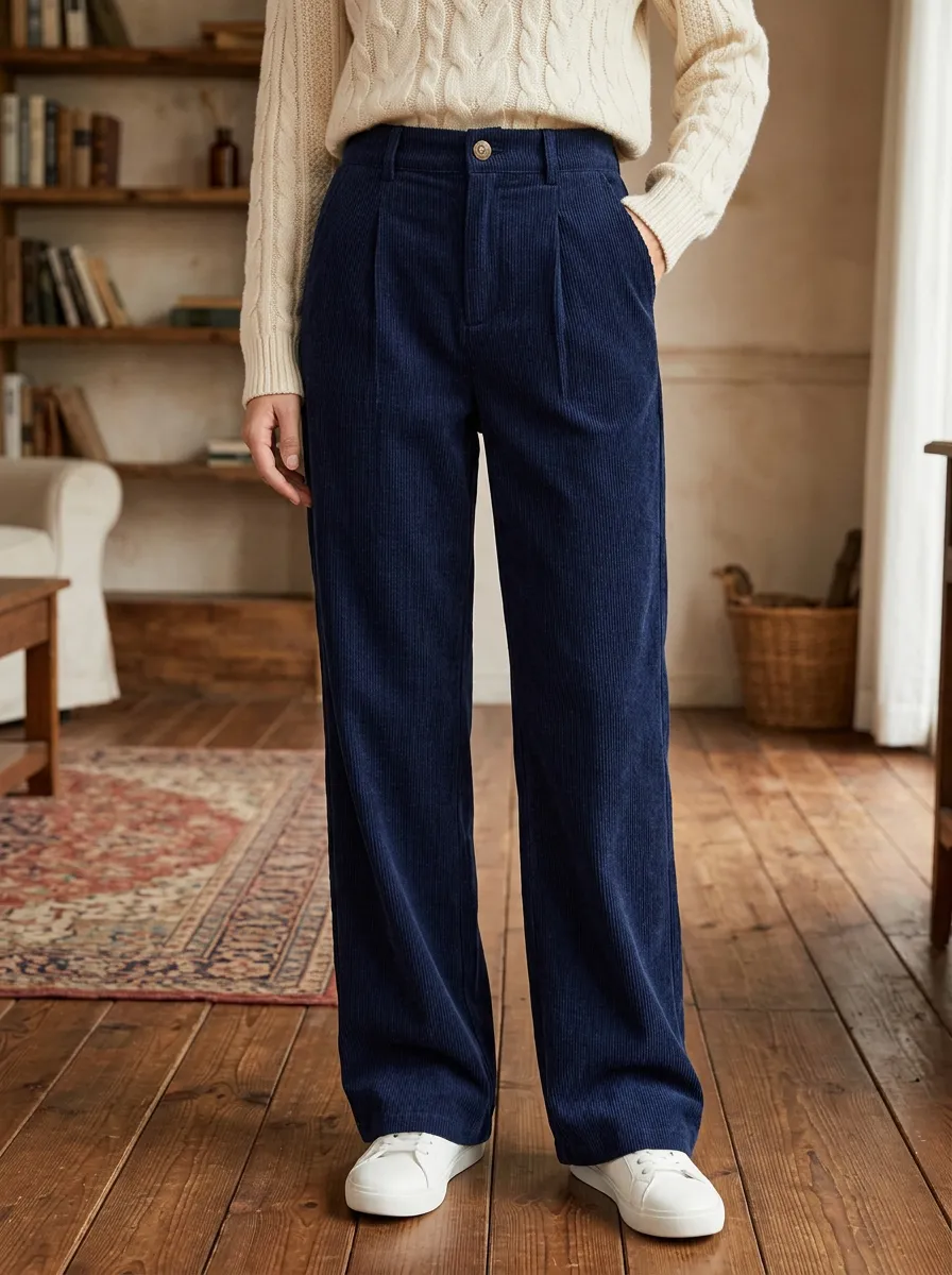 Women's Pleated Wide-Leg Corduroy Pants
