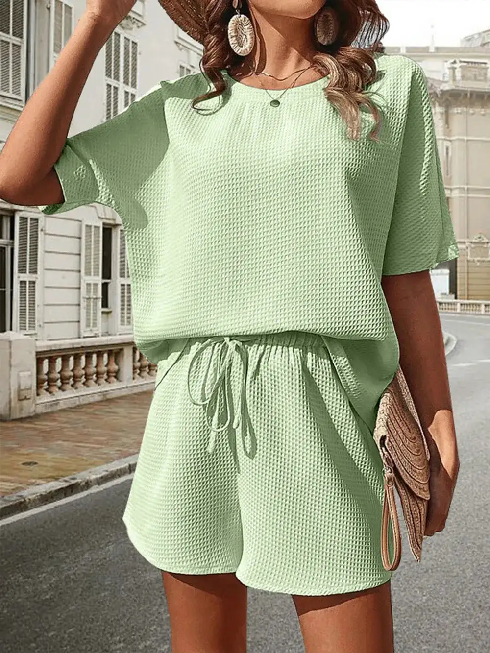 Waffle Knit Half Sleeve Top and Shorts Set