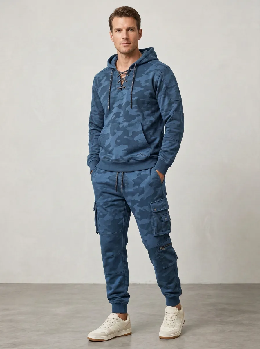 Streamlined Camo Lace-Up Daily Wear Men's Lace Up Hoodie And Cargo Jogger Set