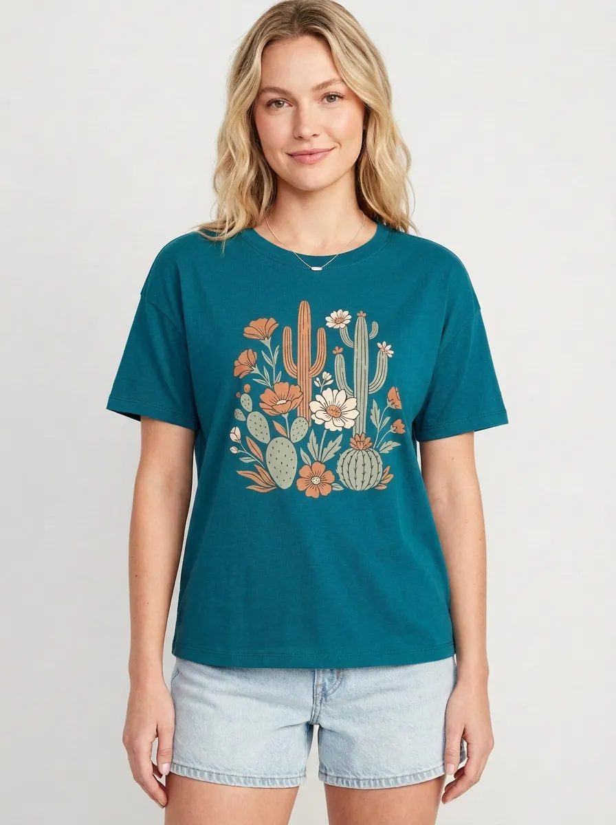 Women's Boho Cactus Floral Graphic Crewneck T-Shirt
