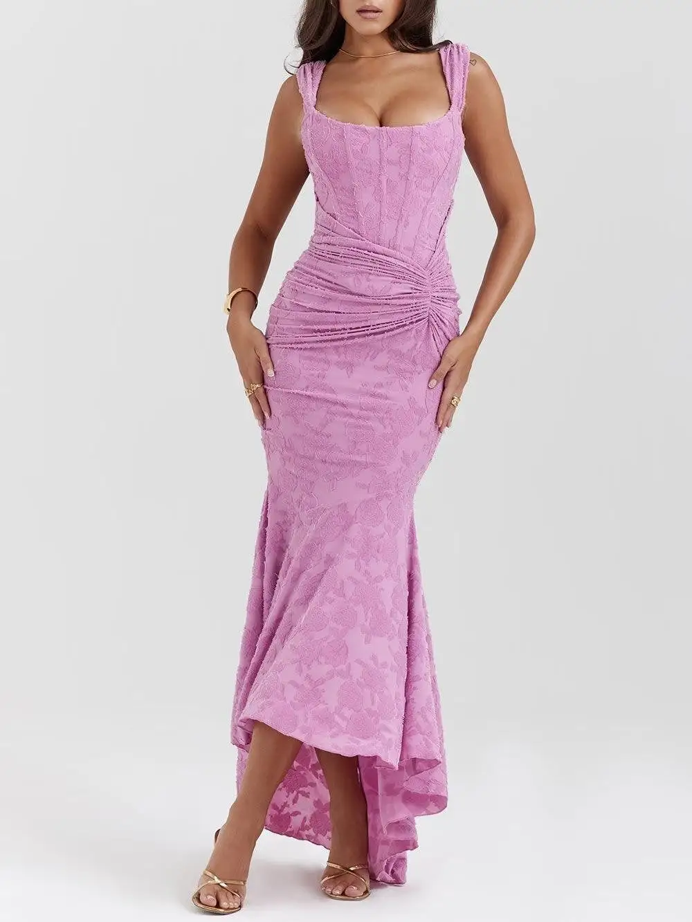 Women's Bodycon Jacquard Floral Ruched Dress