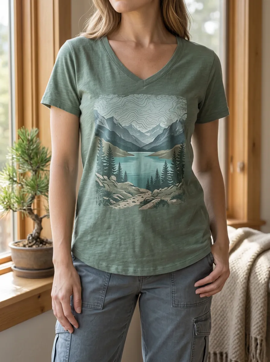 Women's Lakeside Nature Lover Mountain Lake Forest V-Neck T-Shirt