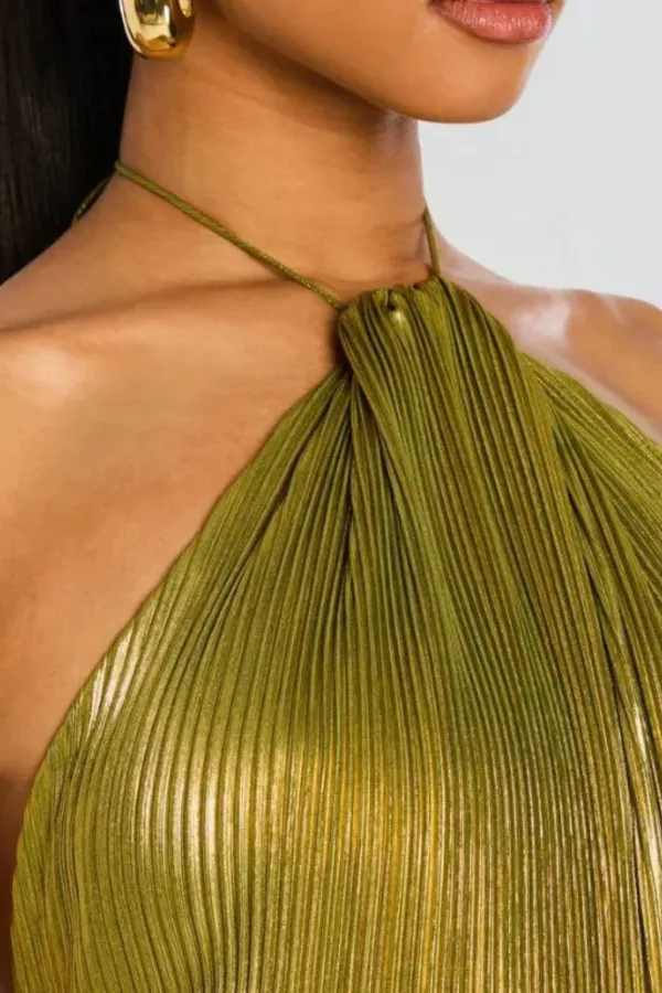  Halter Neck Pleated Satin Maxi Dress