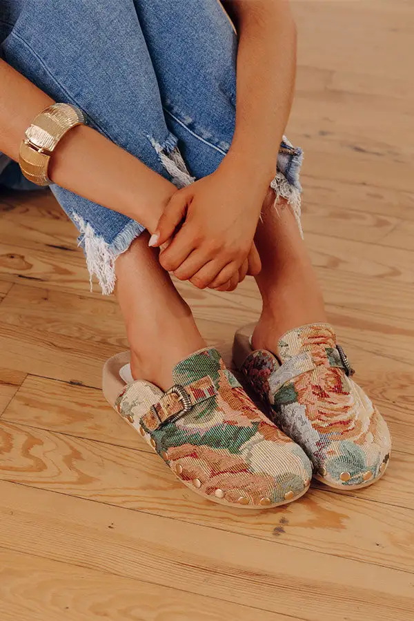 Floral Tapestry Round Toe Slip On Clogs