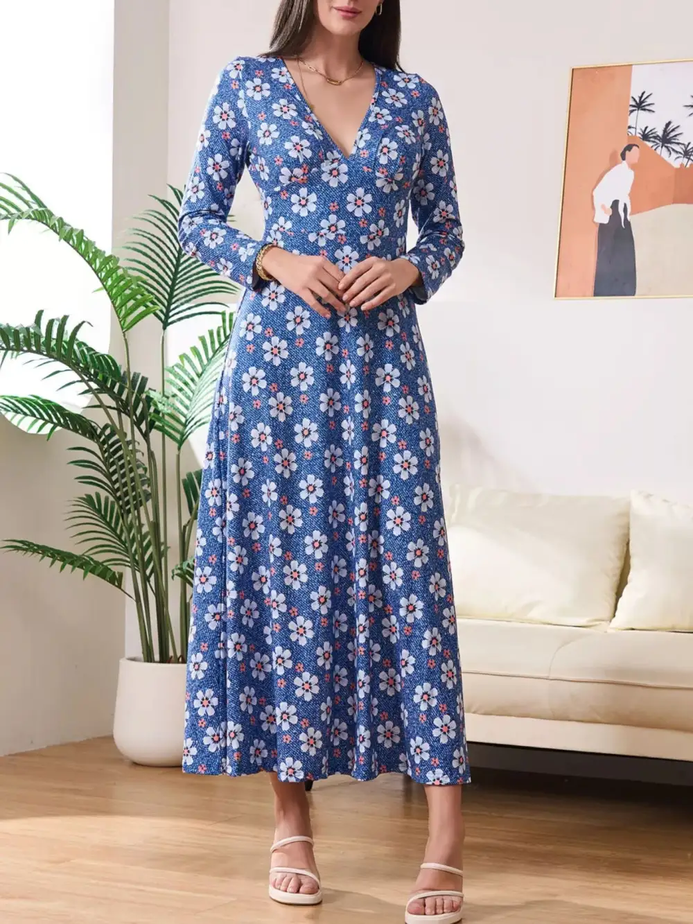Print V-neck Long Sleeve Midi Dress