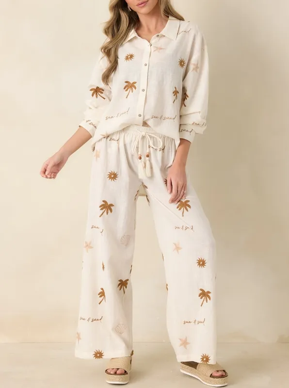 Light Beige Coastal Embroidered Button-Down Top
