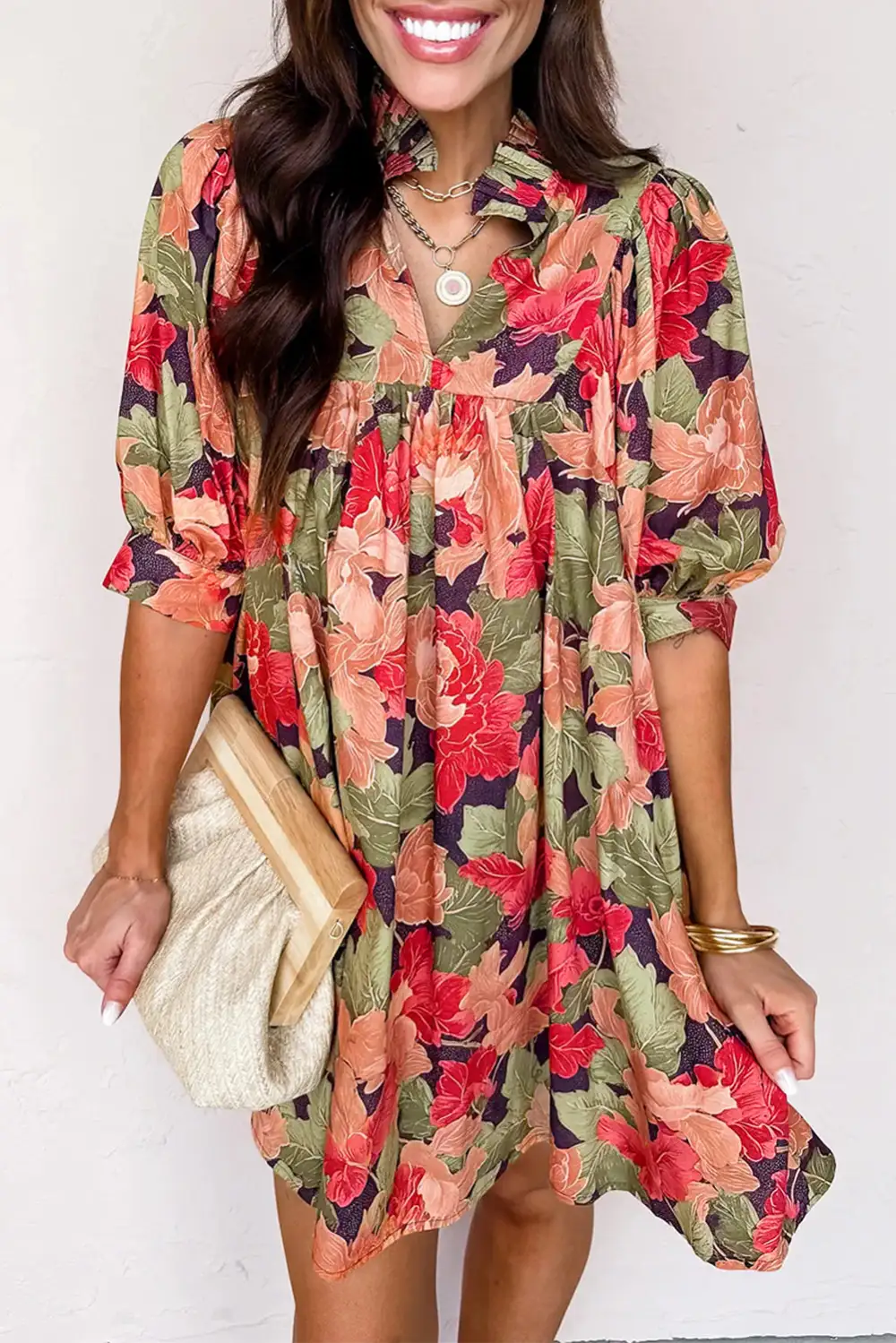 Drape Floral Printed V Neck Mini Dress