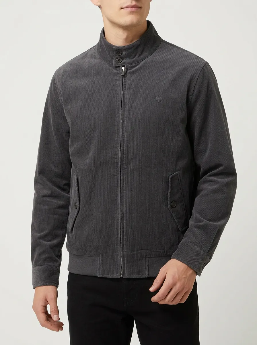 Men's Casual Minimalist Grey Corduroy Zip-Up Jacket