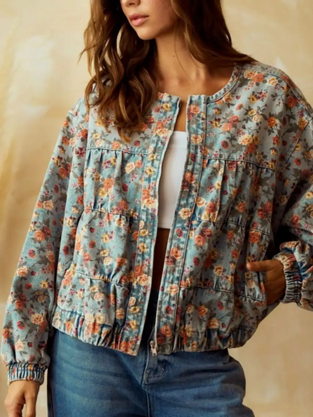 Floral Print Zip Up Cropped Jacket