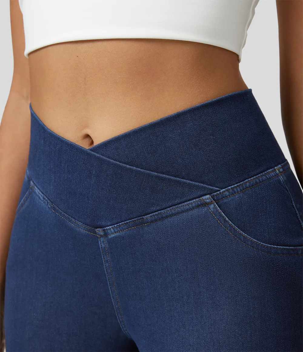 Magic High Waisted Crossover Pocket Cool Touch Washed Stretchy Knit Casual Super Flare Jeans