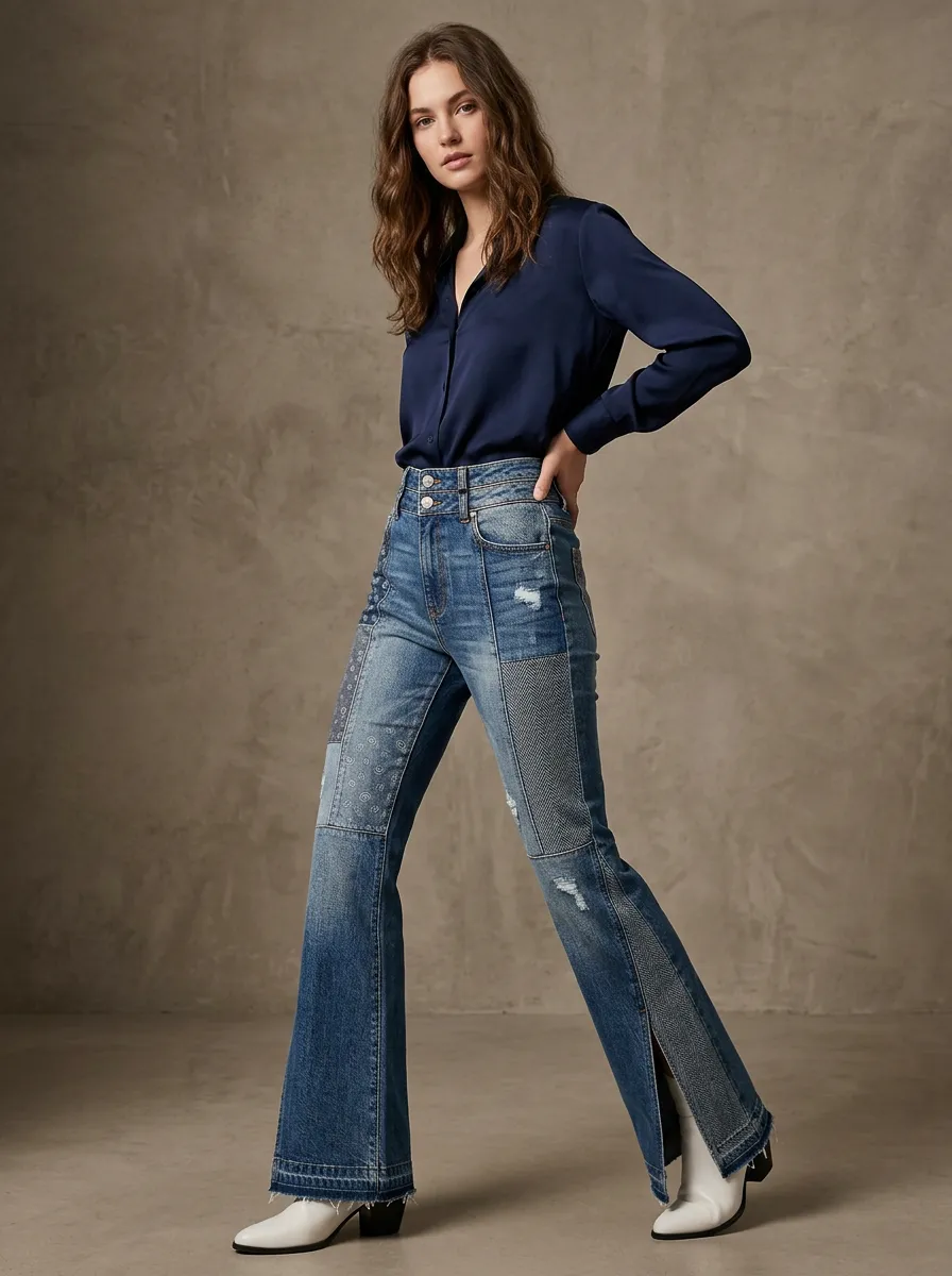 Women's Vintage Style Patchwork Distressed Printed Jeans