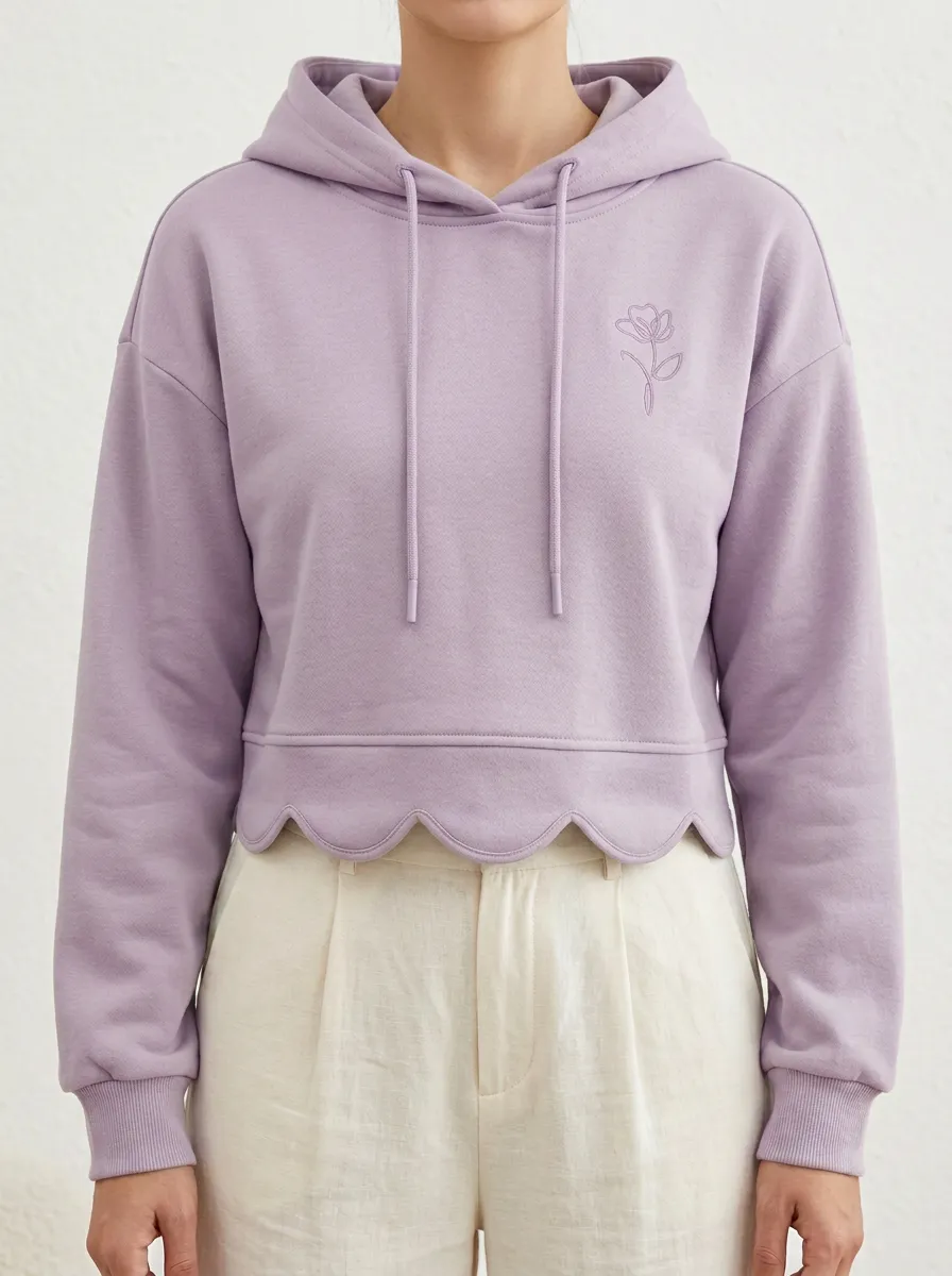 Women's Minimalist Floral Scalloped Hem Embroidered Hoodie