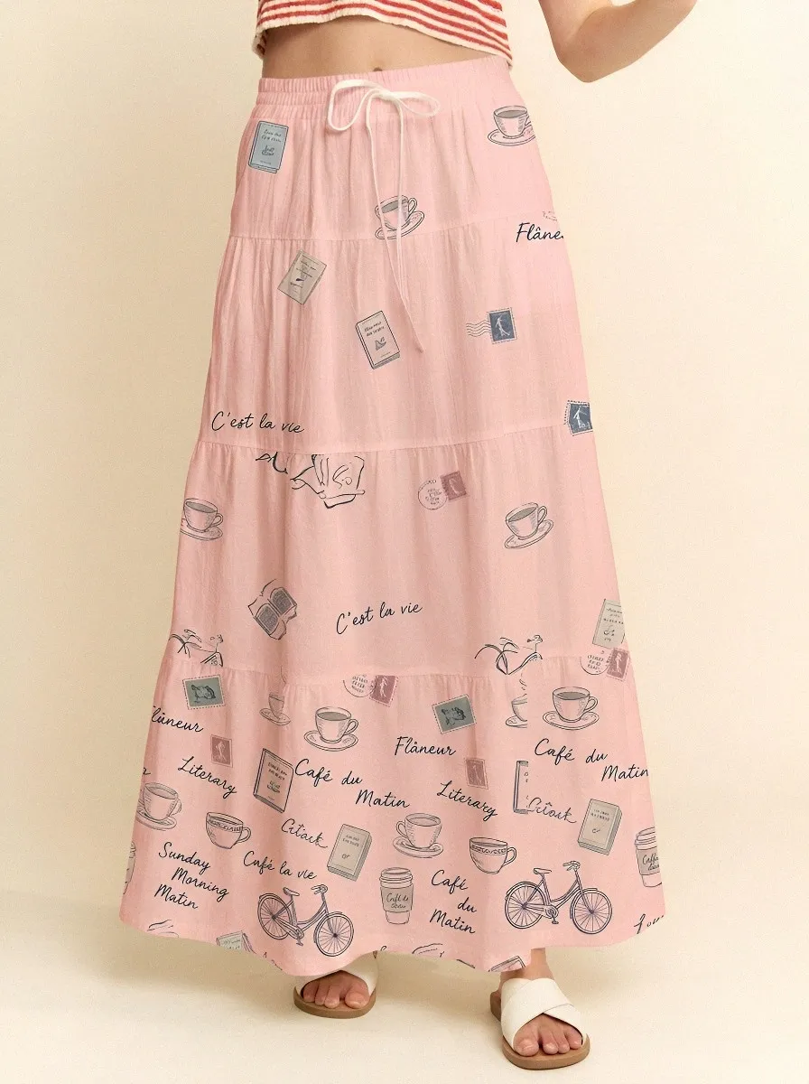 Women's Paris Cafe Book Lover Coffee Stamp Printed Maxi Skirt