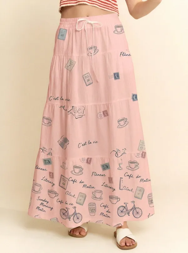 Women's Paris Cafe Book Lover Coffee Stamp Printed Maxi Skirt