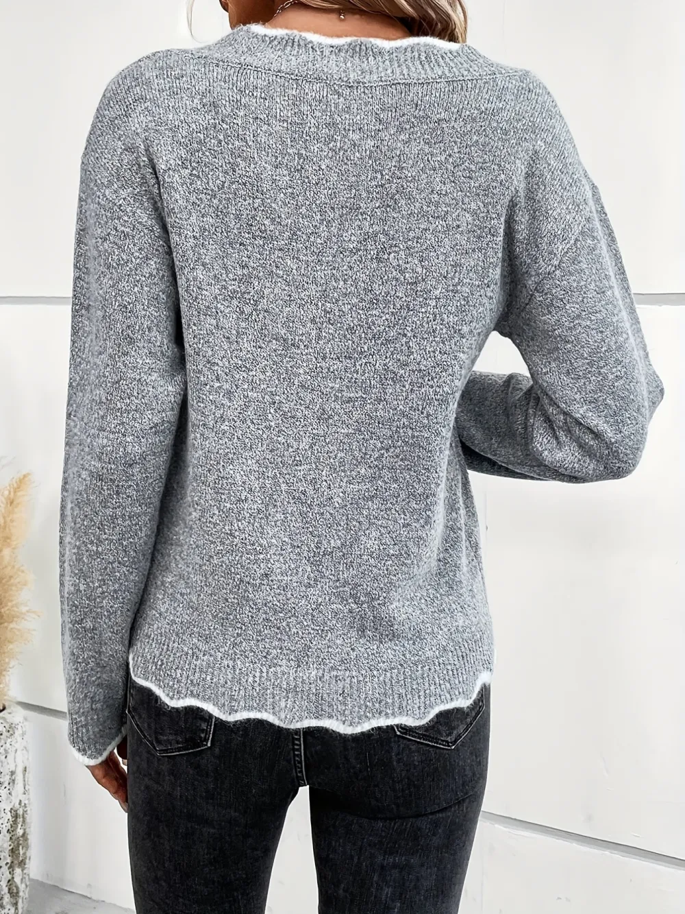 Casual V Neck Long Sleeve Sweater Scallop