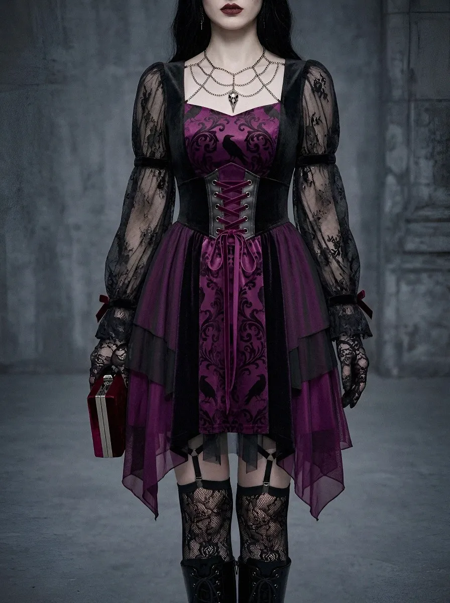 Women's Gothic Raven Damask Printed Lace Corset Mini Dress