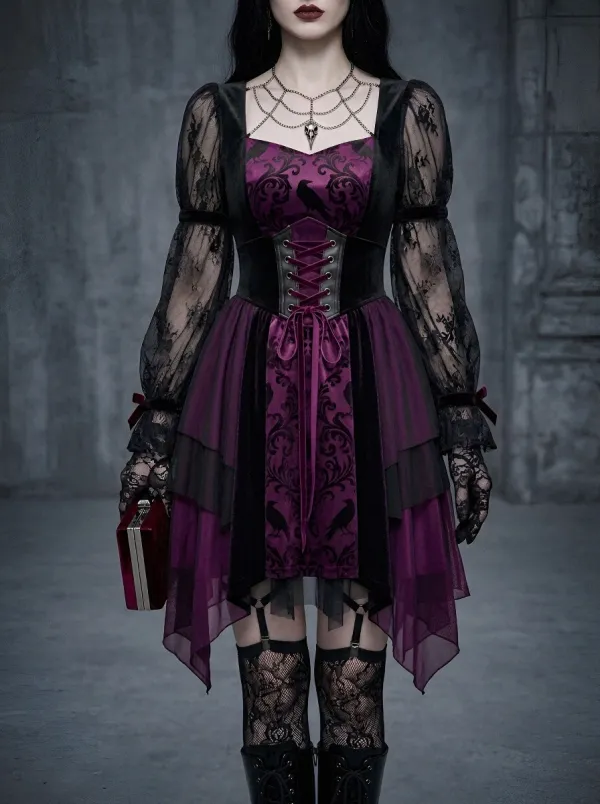 Women's Gothic Raven Damask Printed Lace Corset Mini Dress