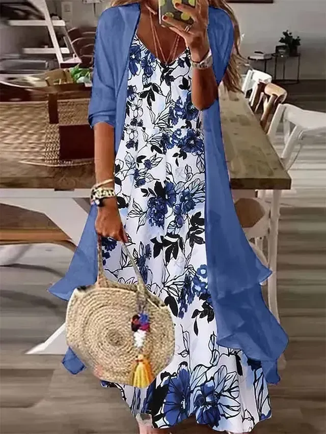 Women's Two Piece Dress Set Casual Dress Dress Set Outdoor Daily Fashion Casual Print Maxi Dress V Neck Half Sleeve Leaf Floral Regular Fit Blue Summer Spring S M L XL XXL