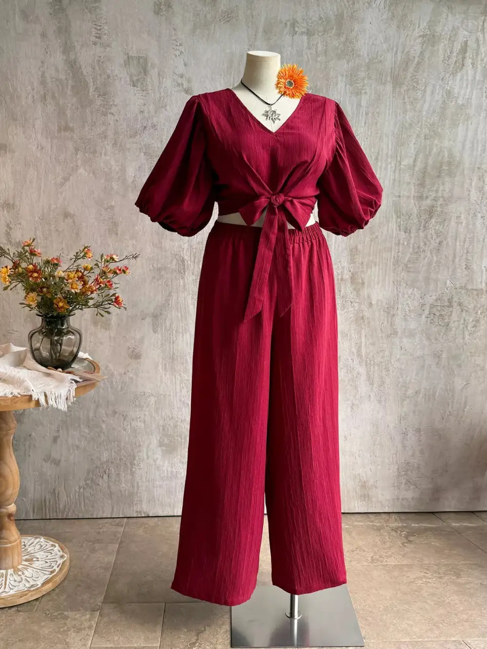 Plus Size Tie Front Puff Sleeve Top and Wide Pants