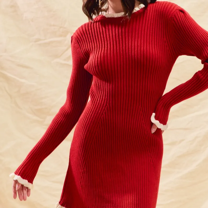 Ruffle Detail Long Sleeve Ribbed Knit Dress