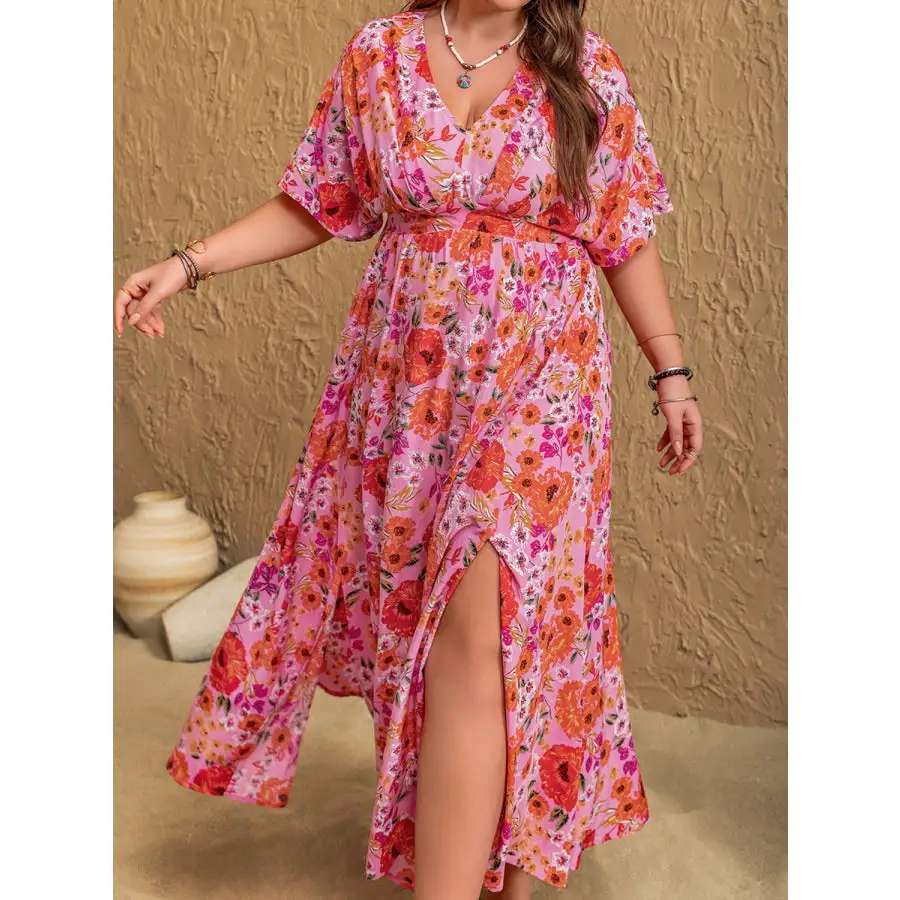 Plus Size Slit Floral V Neck Half Sleeve Maxi Dress