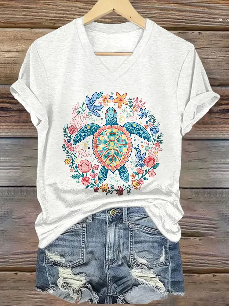 Women's Vibes Short Sleeves V-Neck Pure Cotton T-Shirt