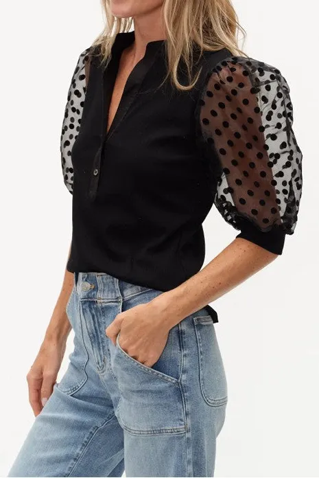 Black Polka Dot Puff Sleeve Henley Top