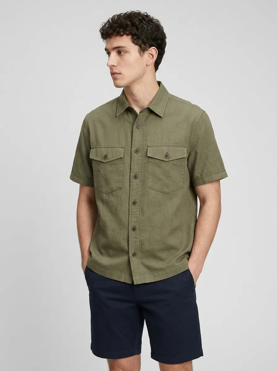 Men's Casual Olive Green Linen Blend Short Sleeve Button-Up Shirt