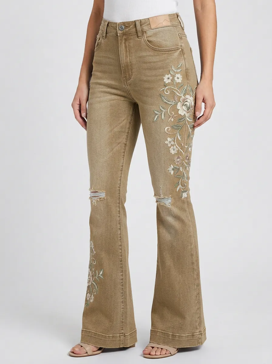 Women's Vintage Garden Medium Wash Floral Embroidery Flare Jeans